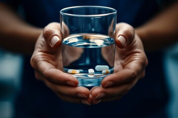 Healthcare Harmony: Close-Up Hands Holding Medication and Water Glass for Optimal Wellness, Pharmaceutical Treatment and mental health treatment Generative AI