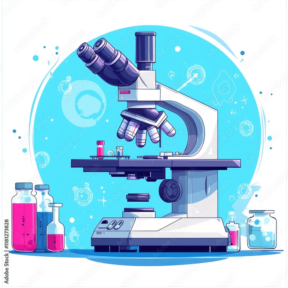 Poster microscope: a close look into the world of science and discovery. high-quality image of advanced lab