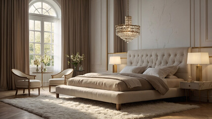 Clean and bright contemporary living room with neutral color bed beige earth tone furniture large windows and abstract wall painting Contemporary Interior Design Livingroom Inspiration