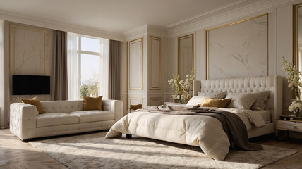 Chic contemporary living room with beige earth tone furniture neutral color bed large windows and abstract painting for a refined touch Contemporary Interior Design Livingroom Inspiration