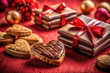 Close-up: decadent Valentine's chocolates, heart-shaped cookies, and gifts against a vibrant red backdrop.
