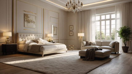 Fototapeta premium Clean and minimalist living room design with neutral color bed beige earth tone furniture large windows and abstract art on the wall Contemporary Interior Design Livingroom Inspiration