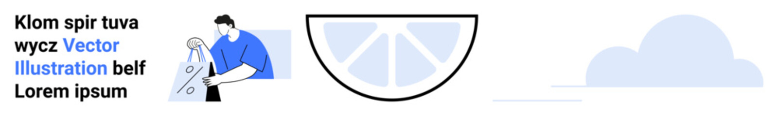 Man with a headset on a computer next to a pie chart segment and a simple cloud icon. Ideal for technology, communication, data analysis, customer service, simplicity, modern design, and user