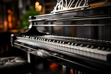 A stunning grand piano takes center stage in a dimly lit room, its polished black finish reflecting...