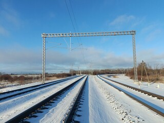 Two way railroad tracks in countryside. Two railway tracks. Sunny day. Countryside. Fields and...