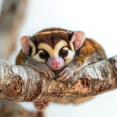 Fototapeta premium A cute sleeping sugar glider nestled on a branch, showcasing its adorable features.