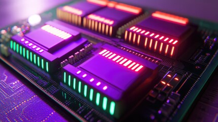 A close-up of a circuit board with illuminated chips, showcasing technology and design.