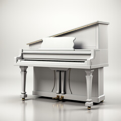 A sophisticated white grand piano with a unique angled top is showcased against a clean white backdrop. Its sleek lines and simple elegance create a timeless appeal.