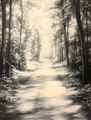 Naklejka premium A rough outline of a forest path with light filtering through pencil-shaded trees.