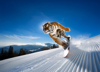 A majestic tiger performs a breathtaking snowboard jump against a vibrant blue sky, snow-covered mountains forming a stunning backdrop.  The tiger is airborne, showcasing incredible power and grace.