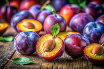 Fototapeta premium Close-up tilt-shift photo of a juicy, halved plum, rendered in watercolor style.