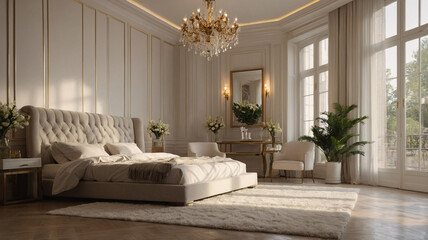 Luxurious contemporary design with neutral color bed beige earth tone furniture large windows and abstract painting on the wall Contemporary Interior Design Livingroom Inspiration