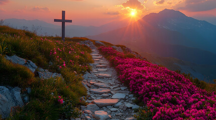 Mountaintop cross sunrise path flowers landscape.