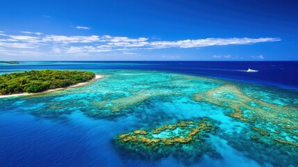 Obraz premium Aerial view of vibrant coral reefs and turquoise waters, ideal for tropical-themed displays