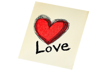 Hand drawn red heart sketch with I Love You text below placed on a yellow textured paper isolated on white transparent background. Concept of love and affection