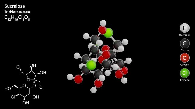 Sucralose. E955 food additive. Sweetener. Animated 3D model of a molecule. Molecular formula: C12H19Cl3O8. Chemical model: Ball and sticks. Black background. 3D rendering. Seamless loop.