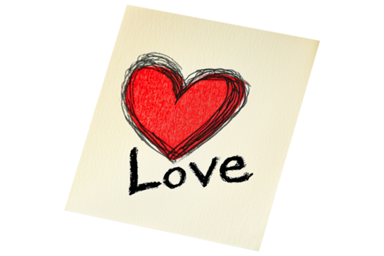 Hand drawn red heart sketch with I Love You text below placed on a yellow textured paper isolated on white transparent background. Concept of love and affection