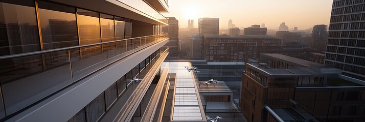 Fototapeta premium A modern architectural view showcasing a sunset over urban buildings and balconies.