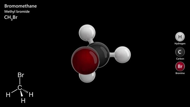 Bromomethane or methyl bromide. Fumigant. Animated 3D model of a molecule. Molecular formula: CH3Br. Chemical model: Ball and sticks. Black background. 3D rendering. Seamless loop.
