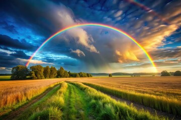 Naklejka premium Deep focus rainbow photography showcases a vivid spectrum, vibrant bokeh, and prismatic details in a colorful, abstract background.