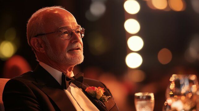 Elderly man, formal attire, thoughtful expression, warm lighting. - Powered by Adobe