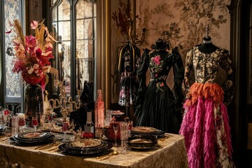 Elegant table setting, ornate gowns, floral arrangement.