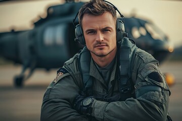 Obraz premium Helicopter pilot wearing headset and military uniform posing near aircraft