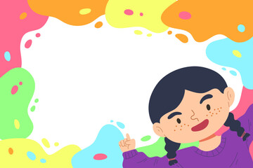 Colorful free form template with little girl wearing purple sweater. Blank space for kid. Kindergarten decorative background. Educational paper for child. Flat vector illustration.