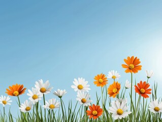 Fototapeta premium Bright spring meadow with colorful flowers swaying in the wind, symbolizing growth and renewal