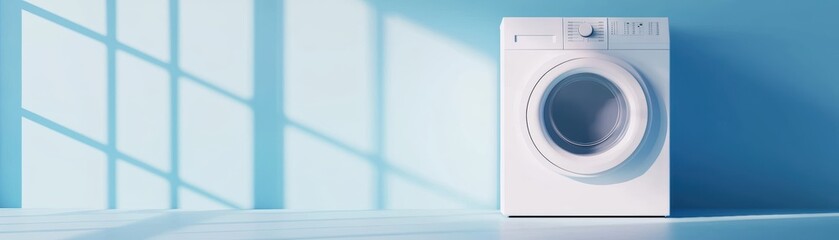 Bright white washing machine in a clean aesthetic setting against a blue background great for eco-friendly appliance promotions or modern lifestyle content