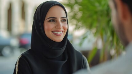 Two people interact in a lively outdoor setting while enjoying a pleasant conversation in a vibrant city environment