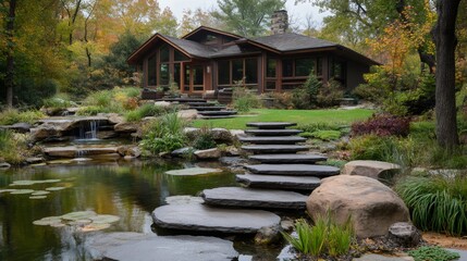Stone pathway leading to idyllic country house with pond and waterfall