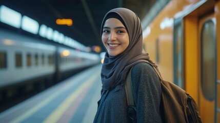 Fototapeta premium Young woman at a train station smiling while waiting for her train in a bustling urban environment