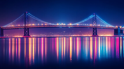Obraz premium A vibrant night view of a bridge illuminated with colorful lights reflecting in water.