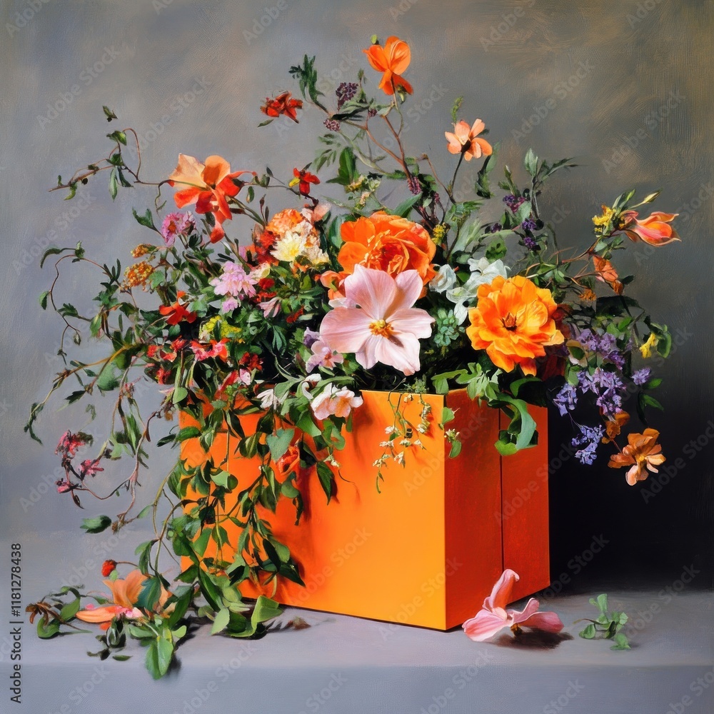 Wall mural Vibrant orange box overflowing with a lush bouquet of wildflowers and roses.