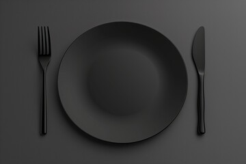 Minimalistic black table setting with plate, fork, and knife