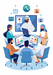 Diverse business team on video call with Arab Muslim partners. Remote collaboration, online meeting, virtual conference, international teamwork, corporate communication.

