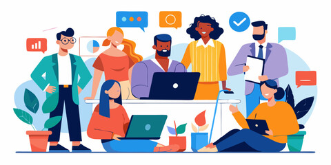 Fototapeta premium HR team evaluating employee performance together. Diverse group of professionals choosing the best employee, discussing achievements, teamwork, and productivity in a modern office setting.