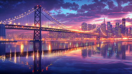 Fototapeta premium A vibrant sunset view of a bridge with a city skyline reflecting in the water.