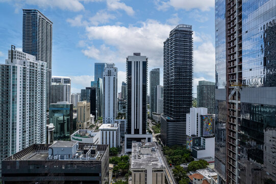 Aerial view of beautiful modern skyscrapers and cityscape at sunset, Brickell, USA.