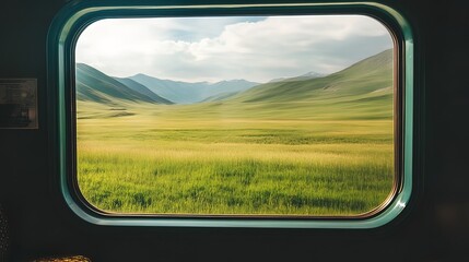 Scenic mountain valley view seen through a train window.