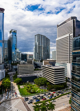 Aerial view of modern skyscrapers and busy streets in Brickell, Miami, USA.
