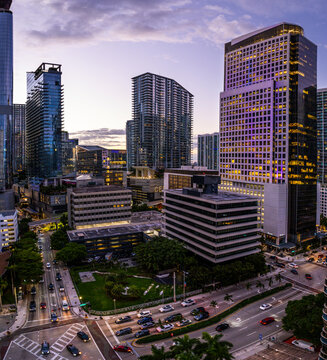 Miami, Usa - 05 October 2022: Aerial view of vibrant downtown Brickell with modern skyscrapers and busy streets, Miami, USA.