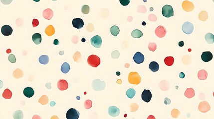 A seamless background of colorful polka dots in various sizes on a pale yellow canvas.
