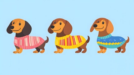 Obraz premium Cute illustration of adorable dachshund dogs wearing colorful sweaters