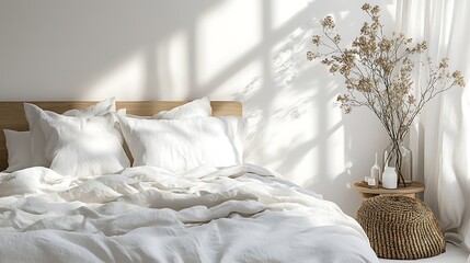 King Size Platform Bed with White Linen on White