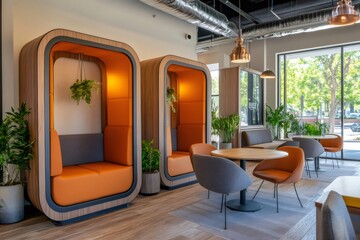 Modern coworking space offering comfortable seating pods and collaborative tables
