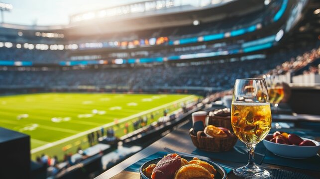 Stadium view, food, drinks, sunny day, game.