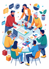 Fototapeta premium Diverse business team analyzing profit and loss data in a modern office. Multicultural professionals discussing future strategies, business growth, and financial planning.