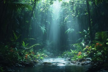 Obraz premium Lush rainforest with sunlight filtering through trees and a gentle stream flowing amidst vibrant greenery